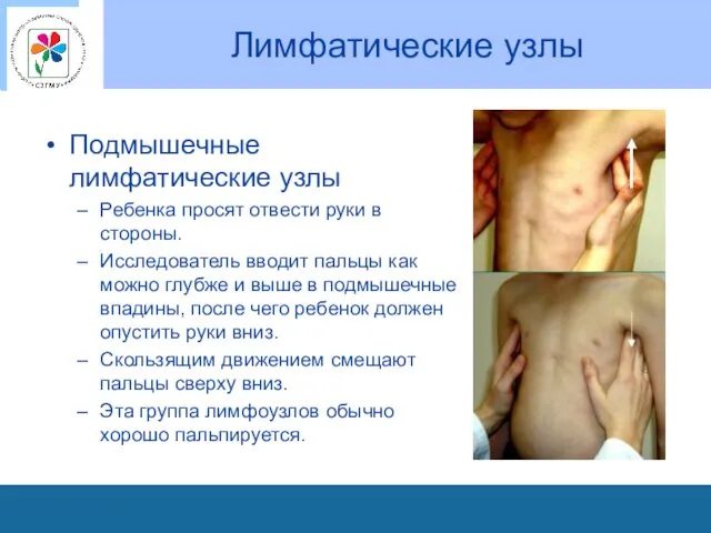 Лимфатические узлы Подмышечные лимфатические узлы Ребенка просят отвести руки в