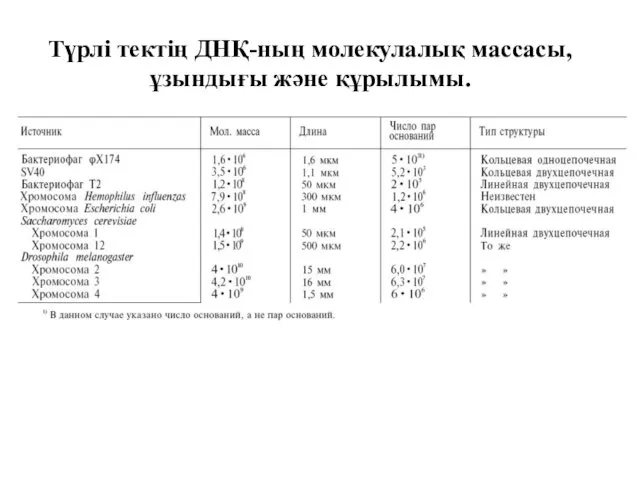 Түрлі тектің ДНҚ-ның молекулалық массасы, ұзындығы және құрылымы.