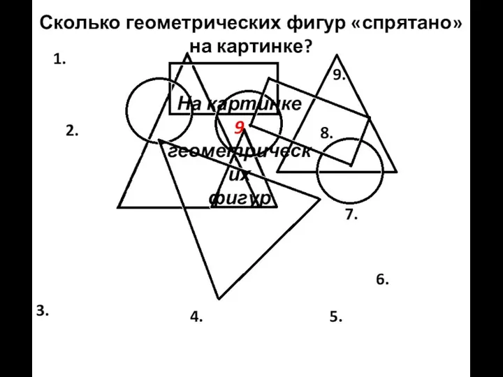 Сколько геометрических фигур «спрятано» на картинке? 1. 2. 3. 4.