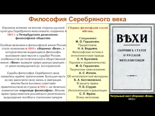 Философия Серебряного века Огромное влияние на многие стороны русской культуры