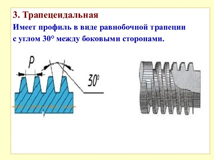 3. Трапецеидальная Имеет профиль в виде равнобочной трапеции с углом 30° между боковыми сторонами.