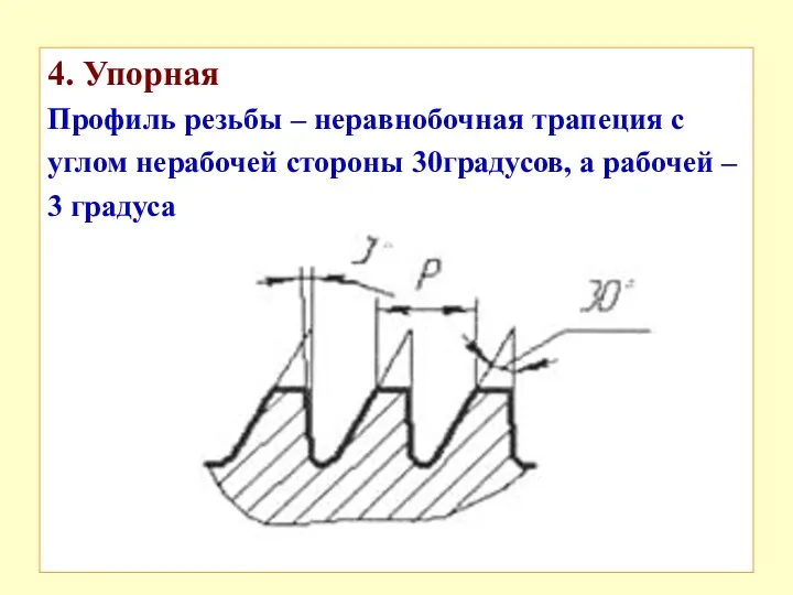 4. Упорная Профиль резьбы – неравнобочная трапеция с углом нерабочей