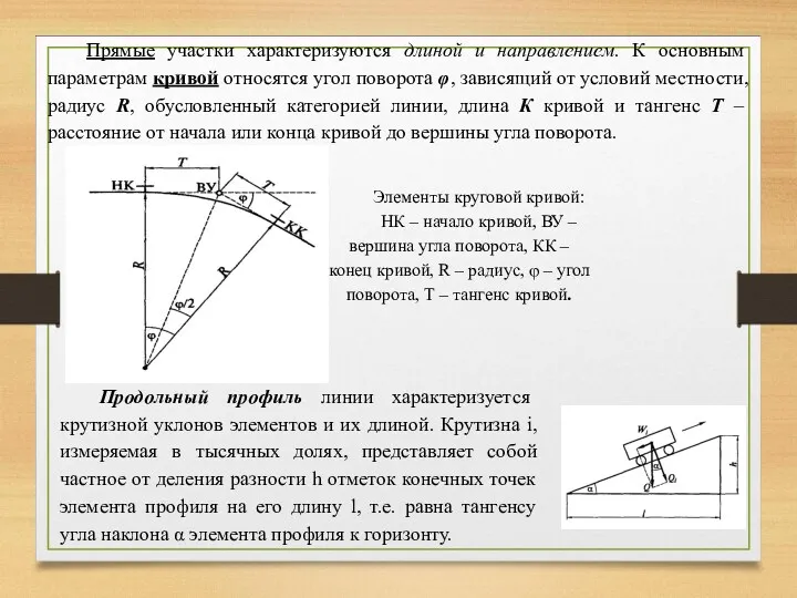 Прямые участки характеризуются длиной и направлением. К основным параметрам кривой