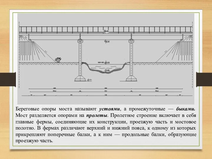 Береговые опоры моста называют устоями, а промежуточные — быками. Мост