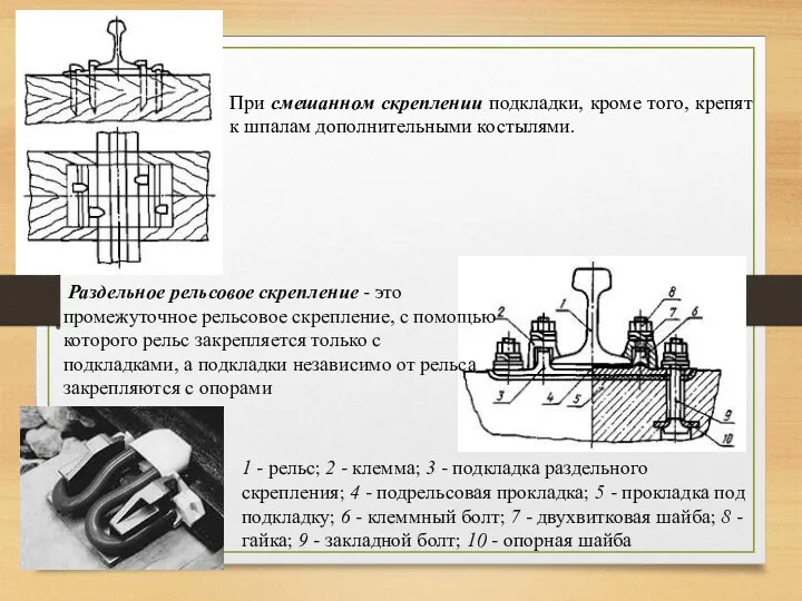 При смешанном скреплении подкладки, кроме того, крепят к шпалам дополнительными