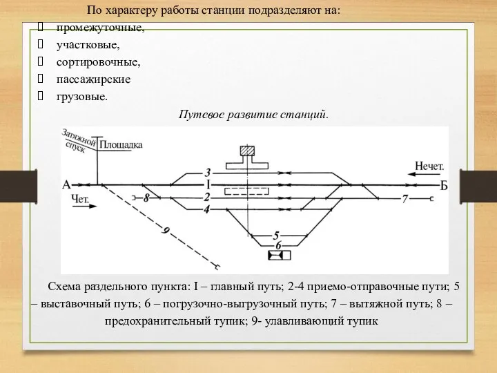 По характеру работы станции подразделяют на: промежуточные, участковые, сортировочные, пассажирские