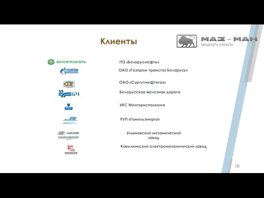 Клиенты 18 ПО «Белоруснефть» ОАО «Газпром трансгаз Беларусь» ОАО «Сургутнефтегаз»