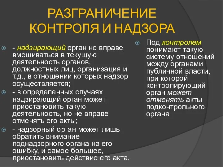 РАЗГРАНИЧЕНИЕ КОНТРОЛЯ И НАДЗОРА - надзирающий орган не вправе вмешиваться