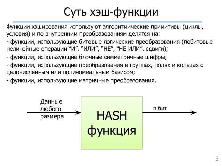 Суть хэш-функции Функции хэширования используют алгоритмические примитивы (циклы, условия) и