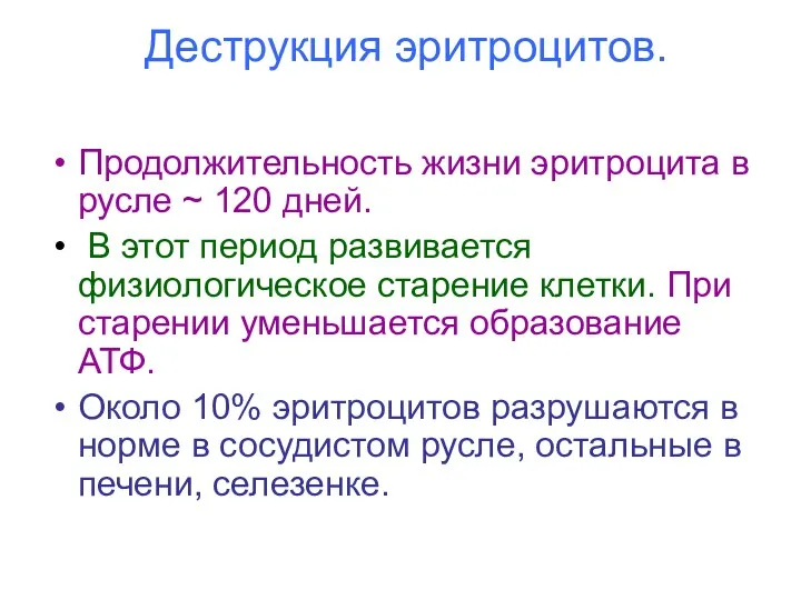 Деструкция эритроцитов. Продолжительность жизни эритроцита в русле ~ 120 дней.