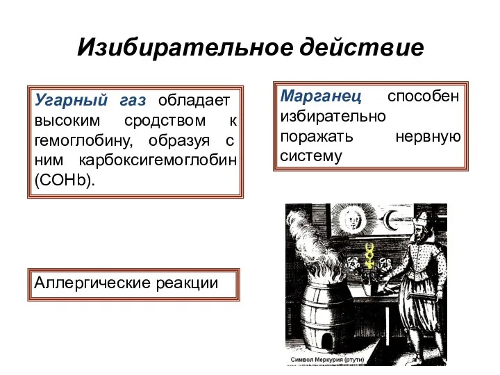 Изибирательное действие Угарный газ обладает высоким сродством к гемоглобину, образуя