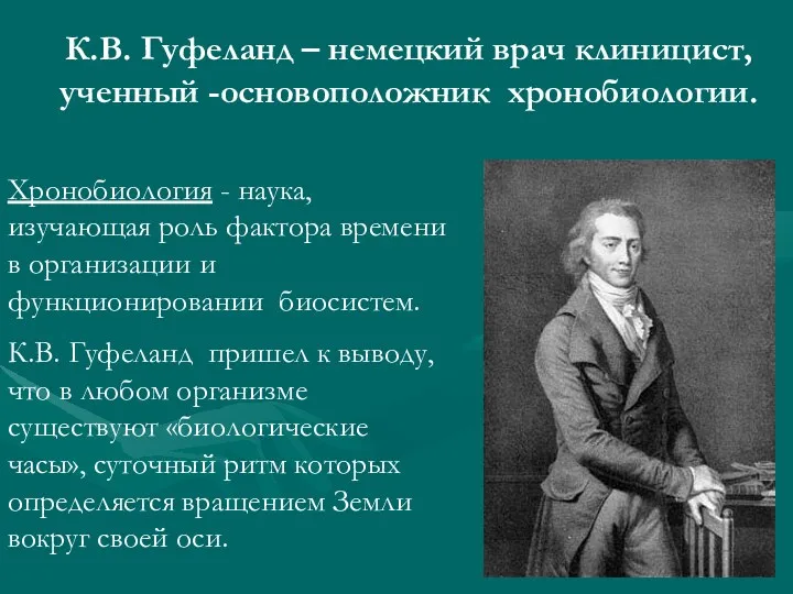 К.В. Гуфеланд – немецкий врач клиницист, ученный -основоположник хронобиологии. Хронобиология