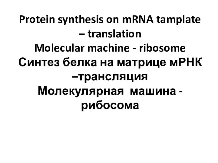 Protein synthesis on mRNA tamplate – translation Molecular machine -