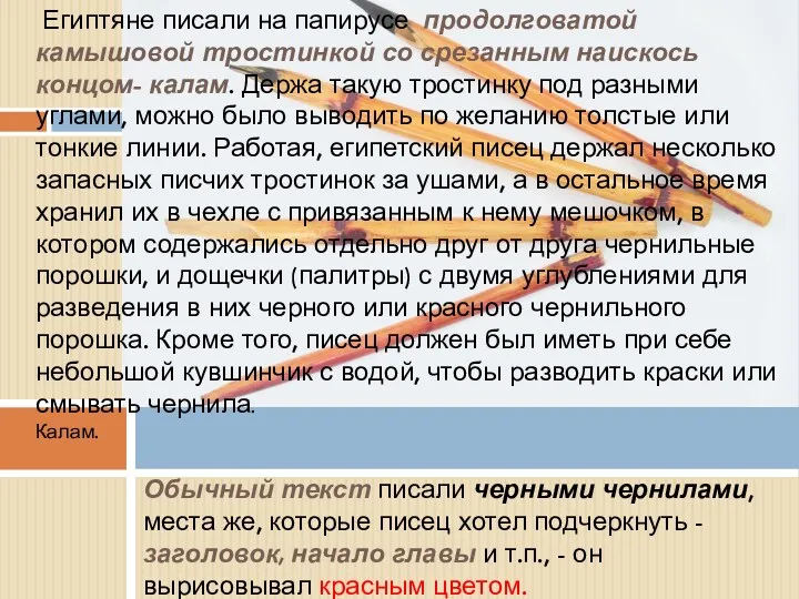 Египтяне писали на папирусе продолговатой камышовой тростинкой со срезанным наискось