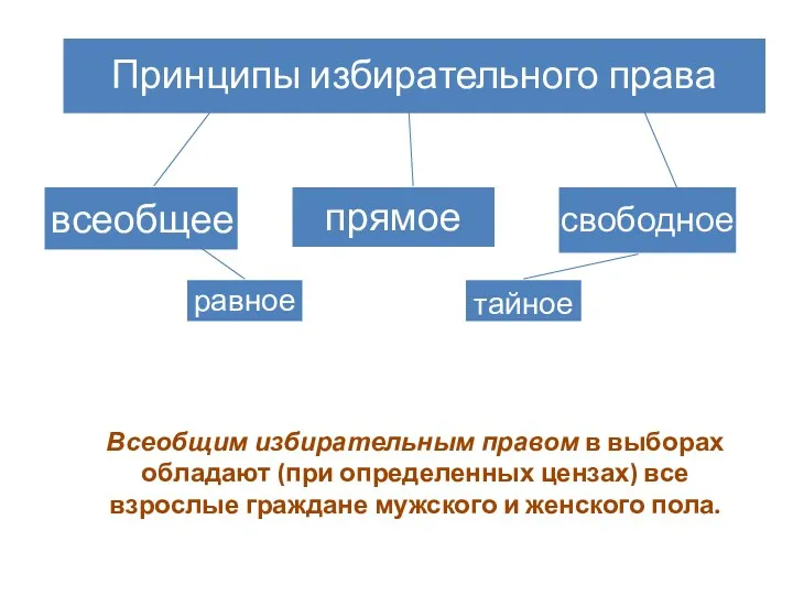 Всеобщим избирательным правом в выборах обладают (при определенных цензах) все взрослые граждане мужского и женского пола.