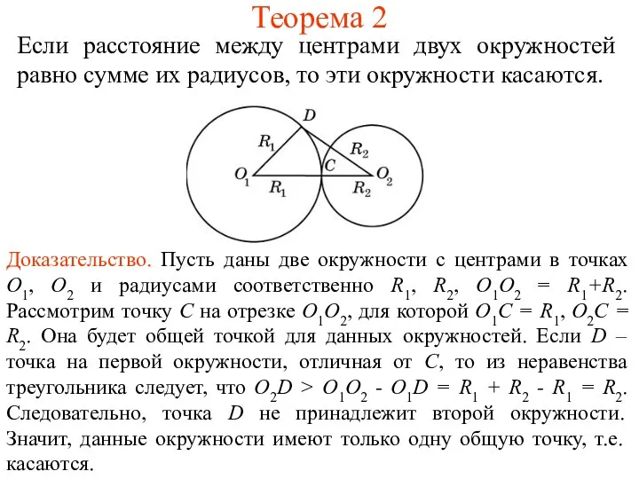 Теорема 2 Если расстояние между центрами двух окружностей равно сумме