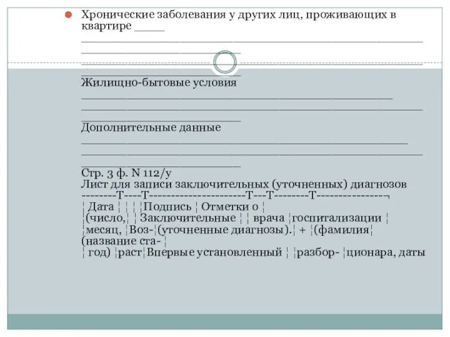 Хронические заболевания у других лиц, проживающих в квартире ____ __________________________________________________________________ __________________________________________________________________ Жилищно-бытовые условия