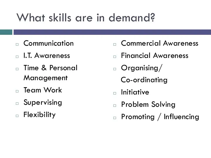 What skills are in demand? Communication I.T. Awareness Time & Personal Management Team