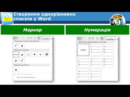 Створення однорівневих списків у Word Розділ 3 § 3.4 Маркер Нумерація