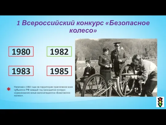 1 Всероссийский конкурс «Безопасное колесо» 1980 1982 1983 1985 * Начиная с 1982