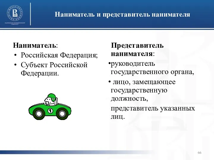 Наниматель и представитель нанимателя Наниматель: Российская Федерация; Субъект Российской Федерации. Представитель нанимателя: руководитель