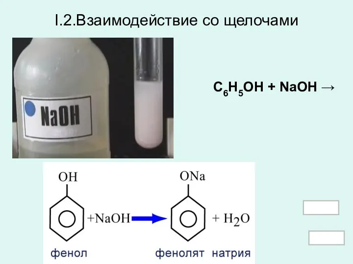 I.2.Взаимодействие со щелочами С6Н5ОН + NaOH →