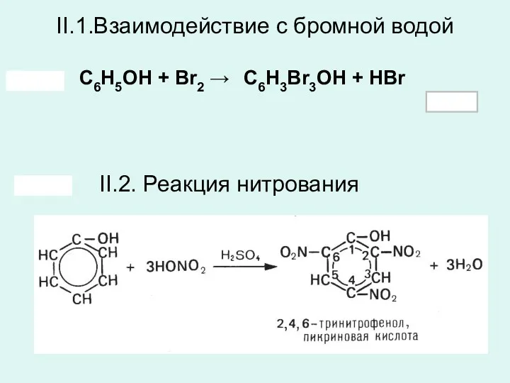 II.1.Взаимодействие с бромной водой С6Н5ОН + Вr2 → С6Н3Br3ОН + HВr II.2. Реакция нитрования