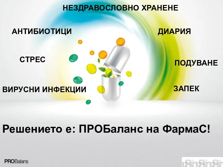 АНТИБИОТИЦИ ДИАРИЯ ПОДУВАНЕ НЕЗДРАВОСЛОВНО ХРАНЕНЕ СТРЕС Решението е: ПРОБаланс на ФармаС! ВИРУСНИ ИНФЕКЦИИ ЗАПЕК