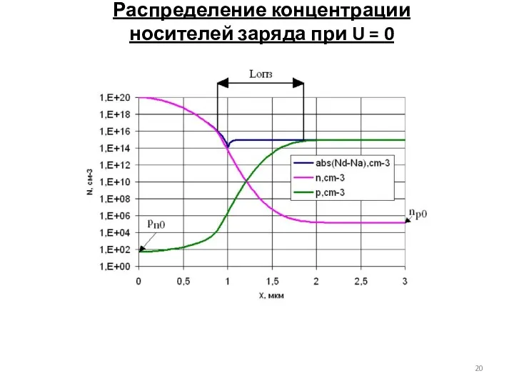 Распределение концентрации носителей заряда при U = 0