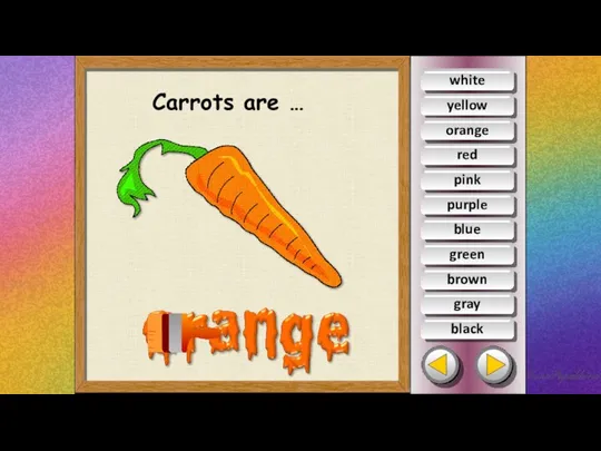 Carrots are … white yellow red pink purple blue green brown gray black orange