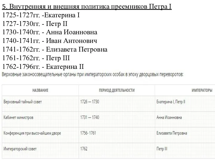 5. Внутренняя и внешняя политика преемников Петра I 1725-1727гг. -Екатерина