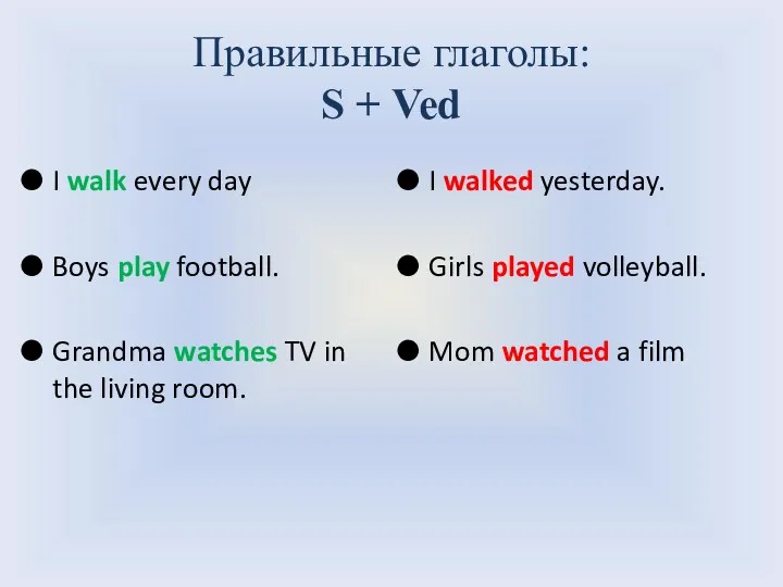 Правильные глаголы: S + Ved I walk every day Boys