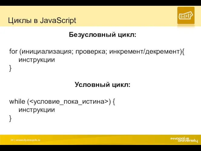 Циклы в JavaScript Безусловный цикл: for (инициализация; проверка; инкремент/декремент){ инструкции