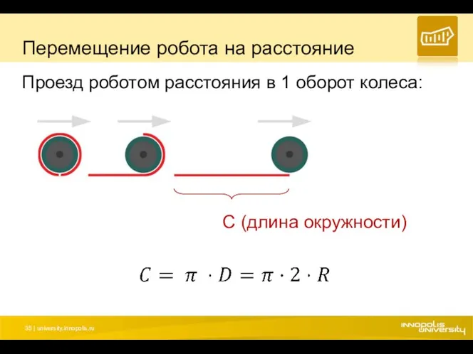 Перемещение робота на расстояние Проезд роботом расстояния в 1 оборот колеса: C (длина окружности)