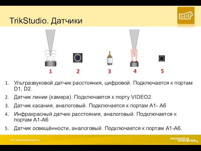 TrikStudio. Датчики Ультразвуковой датчик расстояния, цифровой. Подключается к портам D1,