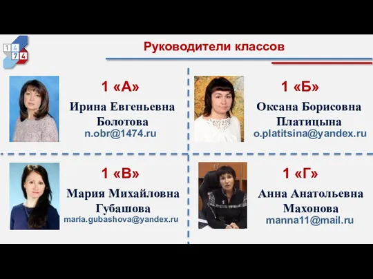 Руководители классов 1 «А» Ирина Евгеньевна Болотова 1 «Б» Оксана