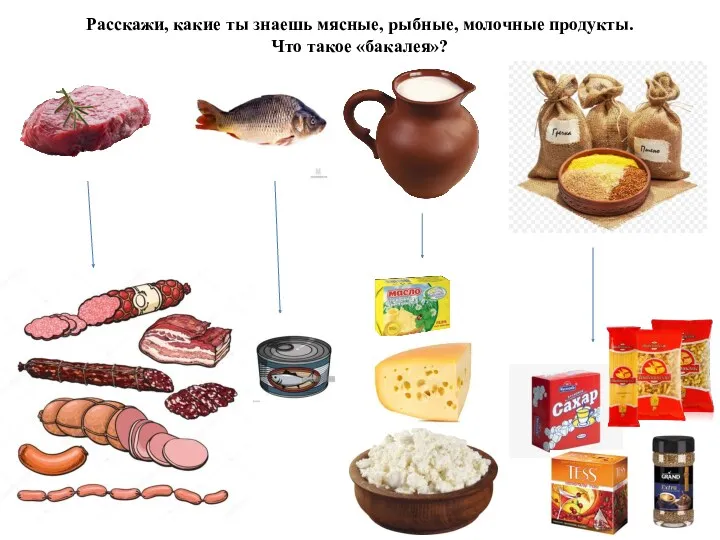 Расскажи, какие ты знаешь мясные, рыбные, молочные продукты. Что такое «бакалея»?