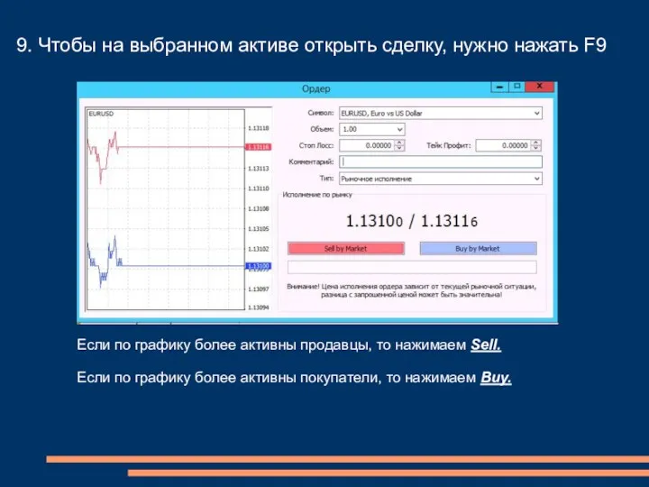 9. Чтобы на выбранном активе открыть сделку, нужно нажать F9