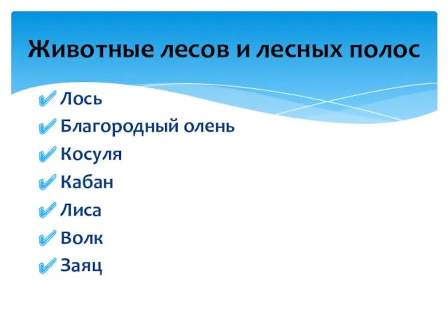 Лось Благородный олень Косуля Кабан Лиса Волк Заяц Животные лесов и лесных полос