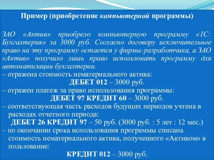 Пример (приобретение компьютерной программы) ЗАО «Актив» приобрело компьютерную программу «1С:Бухгалтерия» за 3000 руб.
