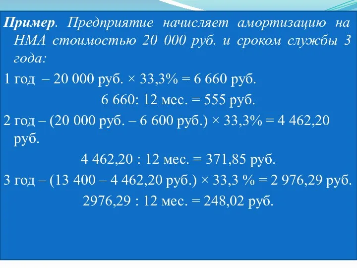 Пример. Предприятие начисляет амортизацию на НМА стоимостью 20 000 руб. и сроком службы