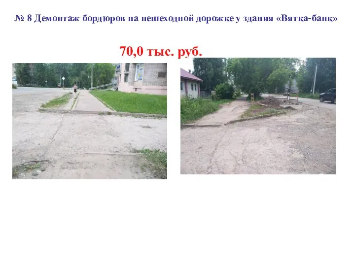 № 8 Демонтаж бордюров на пешеходной дорожке у здания «Вятка-банк» 70,0 тыс. руб.