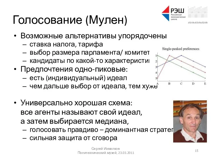 Голосование (Мулен) Возможные альтернативы упорядочены ставка налога, тарифа выбор размера