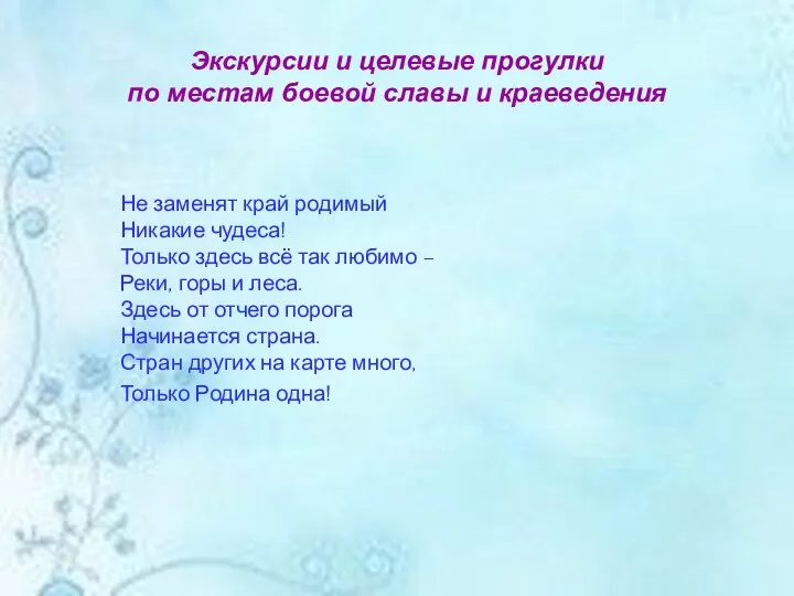 Экскурсии и целевые прогулки по местам боевой славы и краеведения