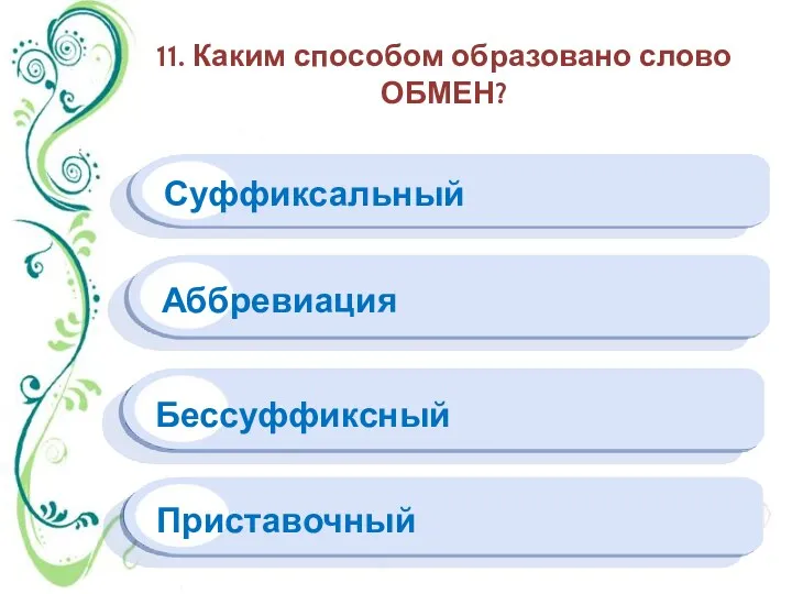 11. Каким способом образовано слово ОБМЕН? Суффиксальный Аббревиация Приставочный Бессуффиксный