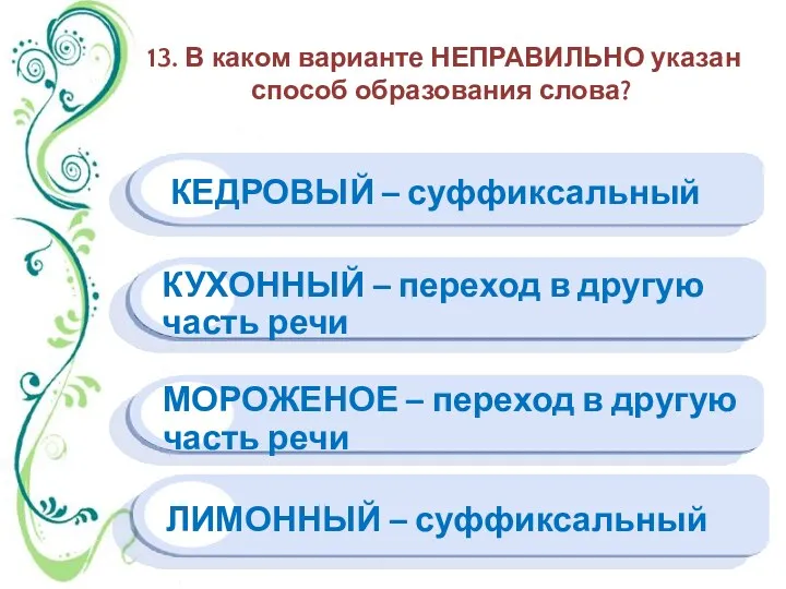 13. В каком варианте НЕПРАВИЛЬНО указан способ образования слова? КЕДРОВЫЙ – суффиксальный ЛИМОННЫЙ