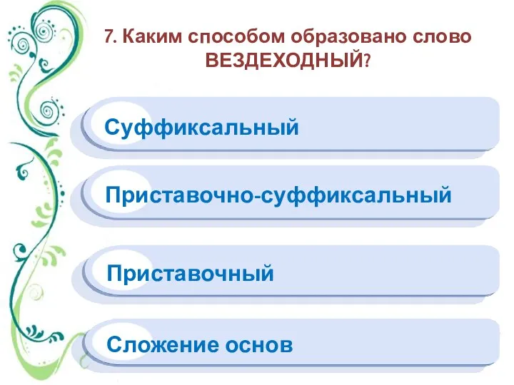 7. Каким способом образовано слово ВЕЗДЕХОДНЫЙ? Сложение основ Приставочно-суффиксальный Приставочный Суффиксальный