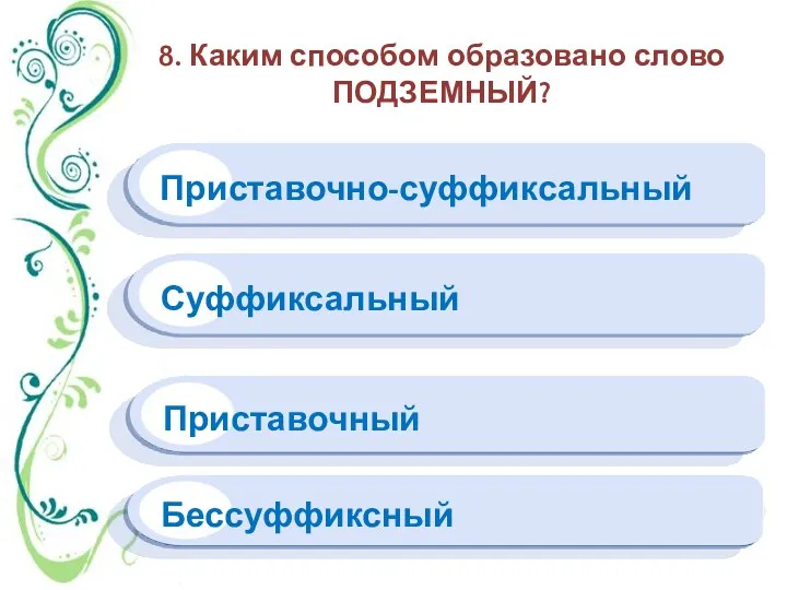 8. Каким способом образовано слово ПОДЗЕМНЫЙ? Бессуффиксный Суффиксальный Приставочный Приставочно-суффиксальный