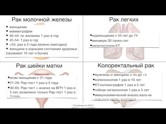 Рак молочной железы Рак шейки матки Рак легких Колоректальный рак