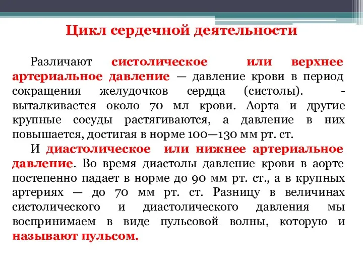 Цикл сердечной деятельности Различают систолическое или верхнее артериальное давление — давление крови в